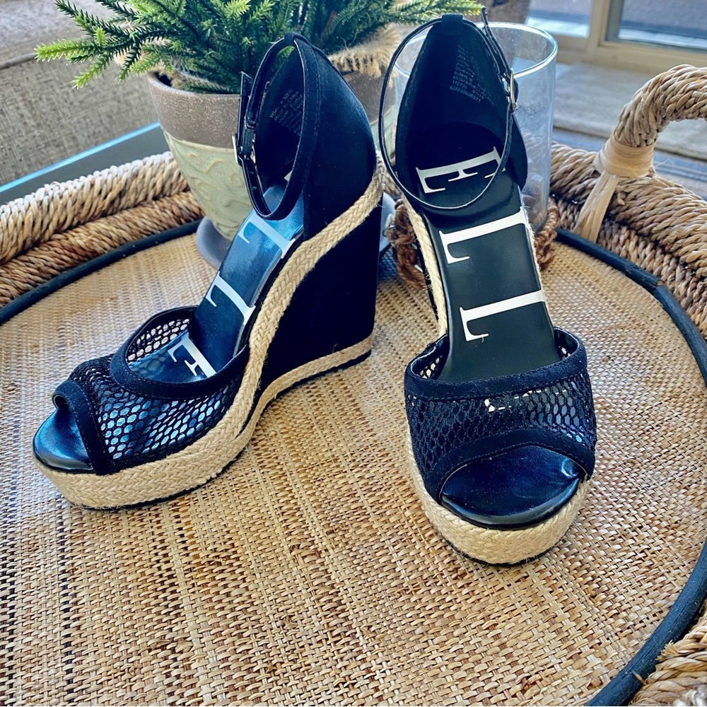 Black Open Toe Mesh Espadrille Ankle Strap Wedge Sandal